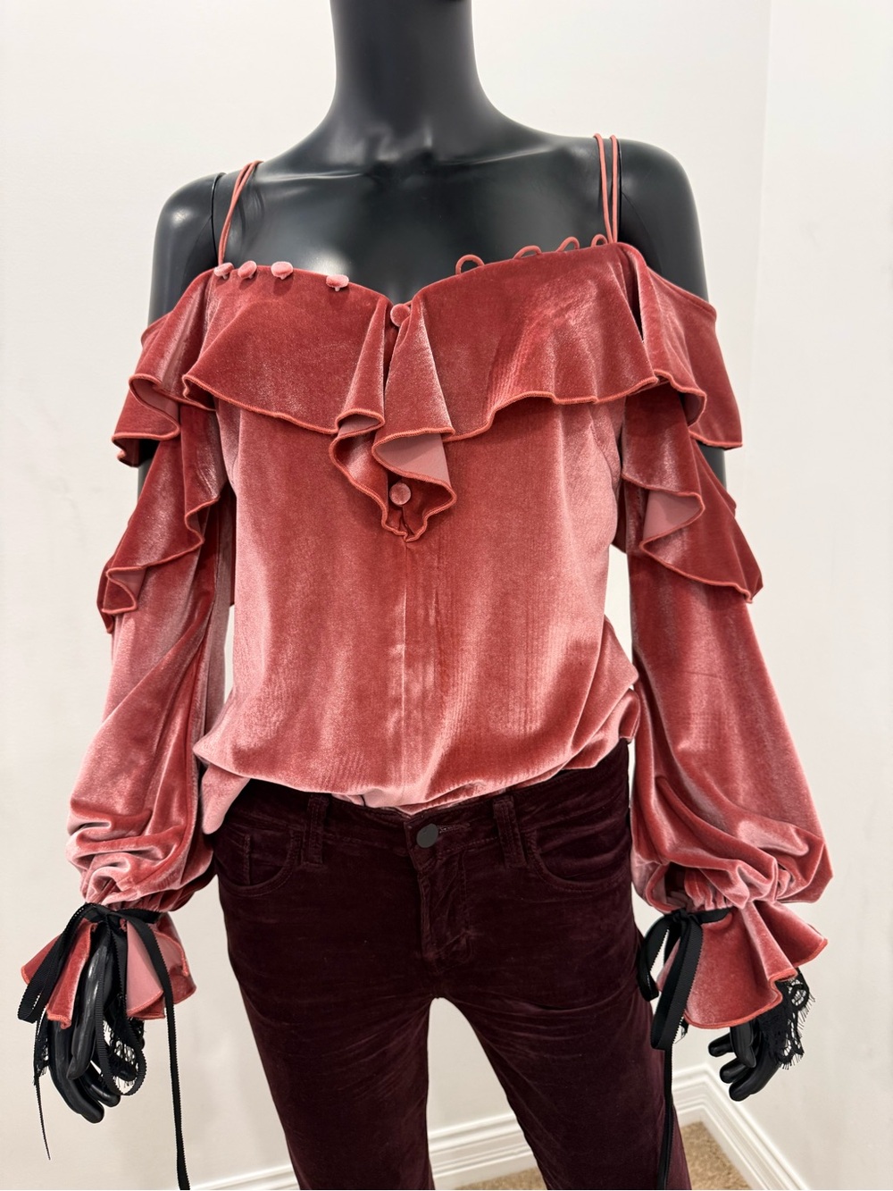 Self-Portrait Velvet Ruffle Cold Shoulder Blouse US 6 UK 10 NEW